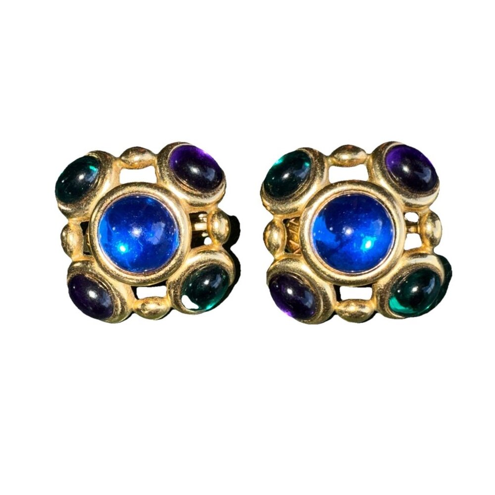 Trifari Blue, Purple and Green Cabochon Cluster Clip Earrings